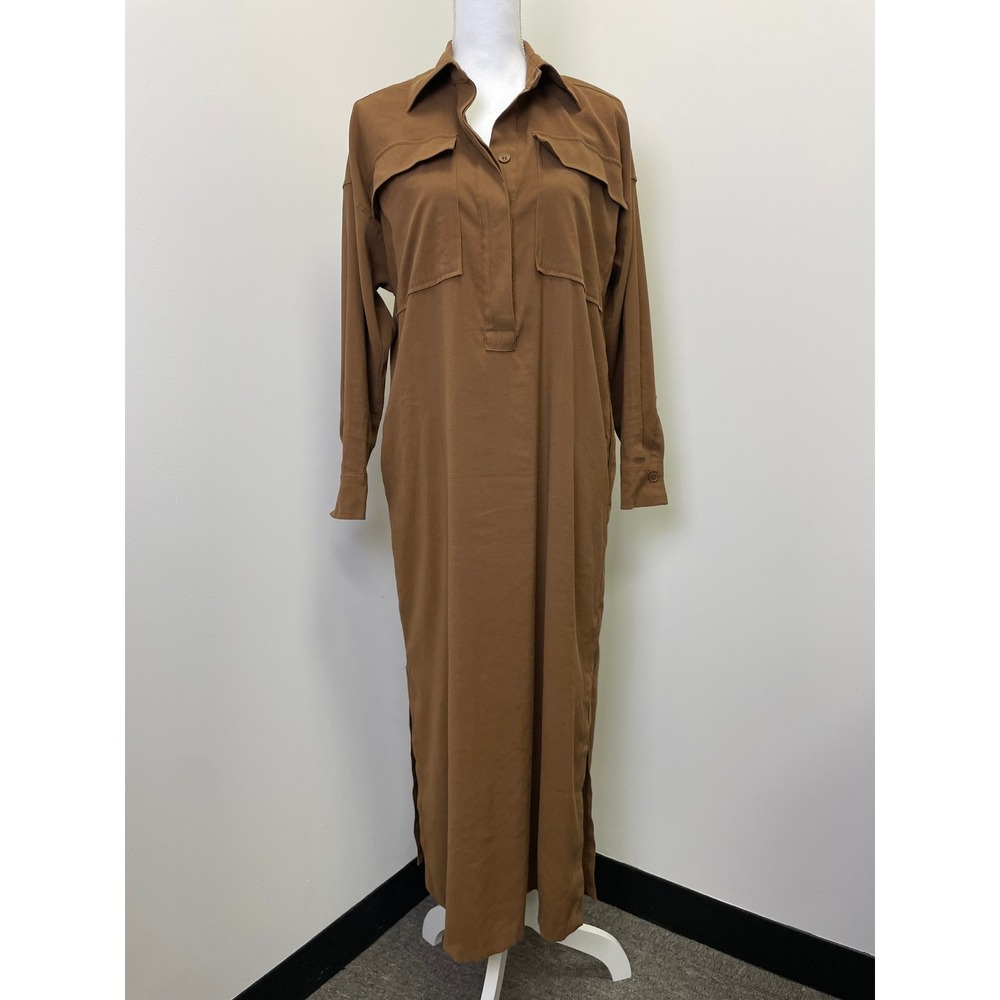 Esprit New York Brown Utility Maxi Shirt Dress XS Oversized Long Sleeve